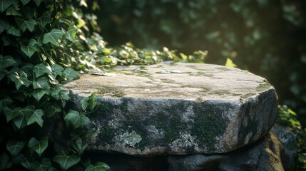 Obraz premium Moss covered stone podium with ivy in natural setting, serene nature scene