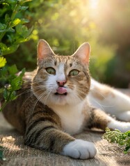 Fototapeta premium キャットニップに夢中でじゃれつく猫。ゴロゴロ転がったり、鼻をすり寄せたり、幸せそうに瞳を見つめているその姿から、キャットニップの魅力と猫の愛らしいアクションが感じられる