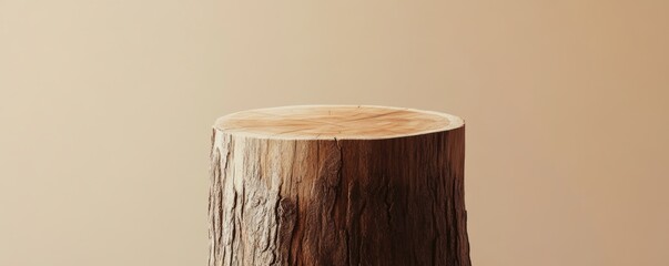 Tree stump on beige background in studio lighting, nature and deforestation concept