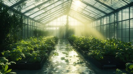 Depict a self-repairing agricultural greenhouse, where tears and punctures in the structure are sealed automatically, optimizing growing conditions and minimizing 