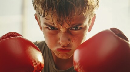 Determined young boy with boxing gloves, close-up portrait. Childhood determination and sports concept