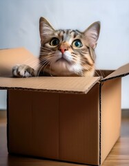 4971, 1000434969, 1000434955 - 元のファイル名 : Firefly 段ボール箱に顔を出して遊んでいる猫。箱の中に潜り込んで隠れたり、爪を立てて穴を開けたりする姿は、猫ならではの好奇心が溢れている