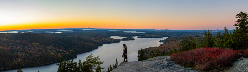 Panorama Epic Female Photographer with Camera Stands on Rock Edge Acadia National Park Sunrise...