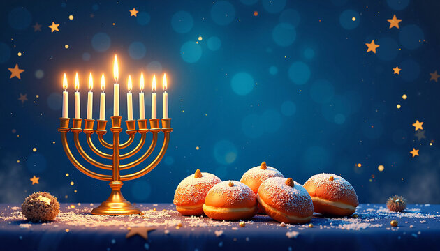 Hanukkah celebration with a menorah and traditional sufganiyot on a starry background