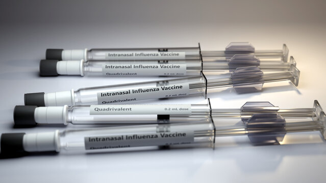 3d render of a collection of intranasal flu vaccine syringes.