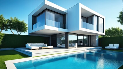 Modern house with a pool and landscaped garden under a clear blue sky.