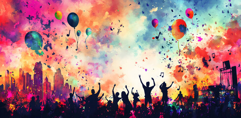Colorful Celebration with Balloons and Music in Watercolor Style