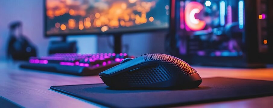 A modern gaming setup featuring a sleek mouse and illuminated keyboard, perfect for gamers and tech enthusiasts.