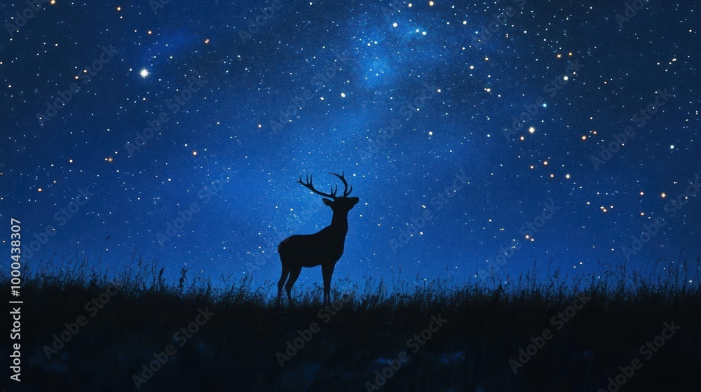 Poster Silhouette of a Deer Gazing Up at the Night Sky Filled with Stars