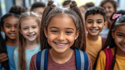 Fototapeta premium A cheerful girl with braids smiles brightly among friends, showcasing happiness and the joy of childhood in a school setting.