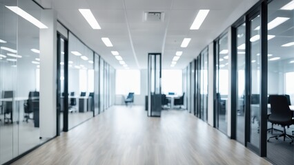Modern office interior with glass partitions and workspaces.