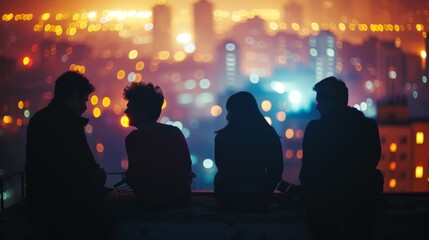 Fototapeta premium Silhouetted figures of four friends sit on a rooftop, engaged in conversation, as the glowing city lights twinkle in the background. The nighttime setting and bokeh effect create a calm, reflective