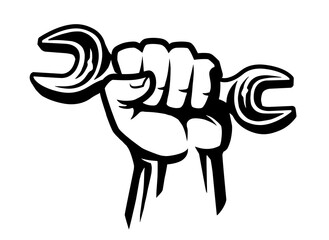 Wrench tool in hand. Repair service work or workshop symbol. Black and white illustration