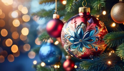 A vibrant display of colorful glass ornaments and twinkling lights adorns a beautifully decorated Christmas tree during the festive holiday season. Generative AI