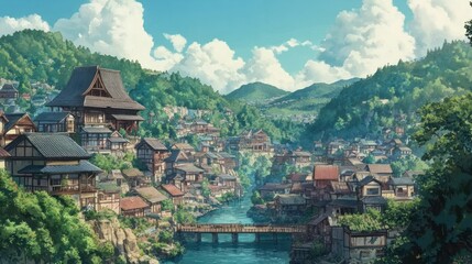 Obraz premium A Japanese village nestled in a lush green valley with a wooden bridge spanning a river