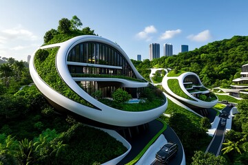 Futuristic eco-city powered by renewable energy, with buildings made of recycled materials, electric vehicles, and automated waste systems, showcasing the future of sustainable development