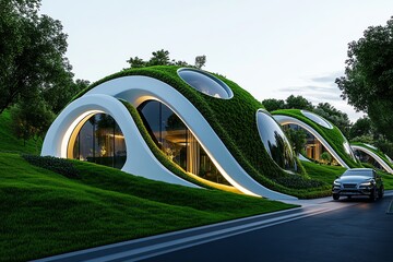 Futuristic eco-city powered by renewable energy, with buildings made of recycled materials, electric vehicles, and automated waste systems, showcasing the future of sustainable development