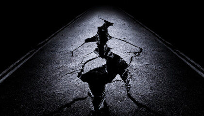 Fototapeta premium Cracked, shattered road, asphalt, crack, destruction, cracking, disaster, earthquake, black background, design