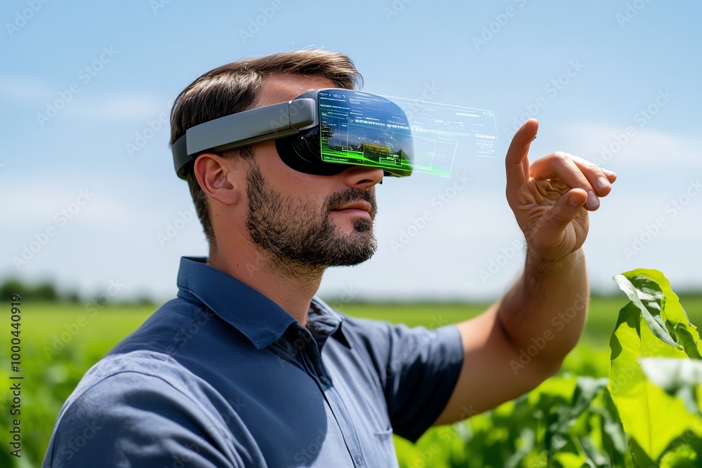 Poster futuristic farmer wearing augmented reality goggles, using smart technology to monitor crop growth a
