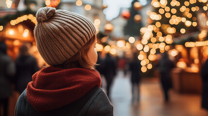 the little toddler is walking in the christmas market fair at night have sparkling eyes by the excitement 
