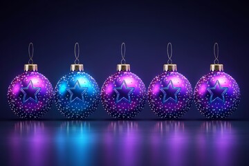 Obraz premium Lineup of purple and blue Christmas baubles reflecting light set against a reflective surface symbolizing the elegance charm and joy of holiday celebrations