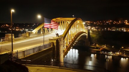 Obraz premium Majestic Night View of Historic Bridge with Illuminated American Flag