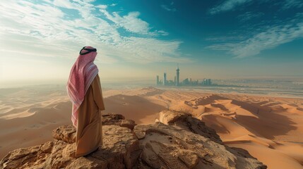 A man gazes over the vast desert towards a city skyline