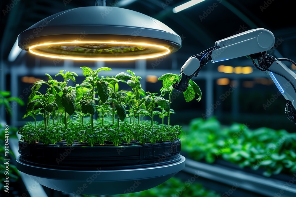 Poster futuristic greenhouse with glowing led lights, growing crops vertically in towering structures, with