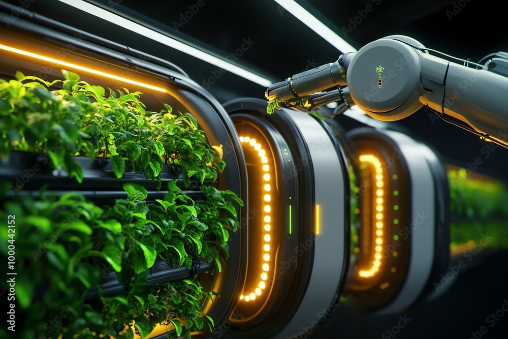 Poster futuristic greenhouse with glowing led lights, growing crops vertically in towering structures, with