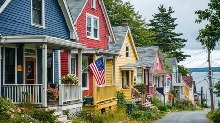 Serene Coastal Charm: Vibrant Houses and Patriotic Flag in Charming Seaside Town