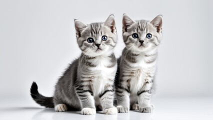 Obraz premium Two adorable gray kittens sitting side by side, looking curiously at the camera.