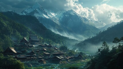 A Misty Mountain Village Nestled Among Lush Greenery