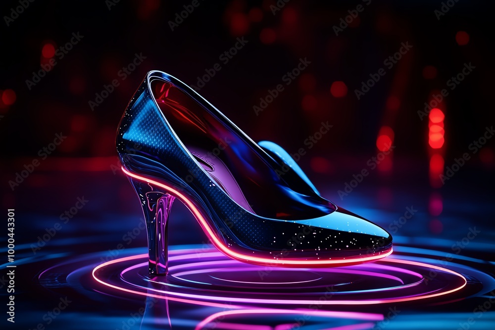 Poster futuristic high heels with levitating technology, where the shoes hover slightly above the ground, g