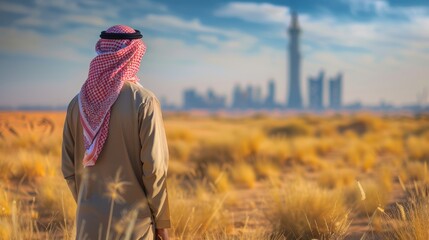 Man gazing at city skyline from desert landscape