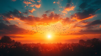 Fototapeta premium Birds flying in the sky during a beautiful sunset