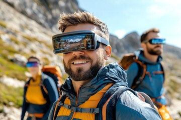 Futuristic hikers in augmented reality gear, where their smart glasses display real-time data about the trail, weather, and wildlife, blending outdoor adventure with technology