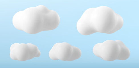 White 3d vector illustration clouds isolated on a blue background. Render soft round cartoon fluffy clouds icon in the blue sky.