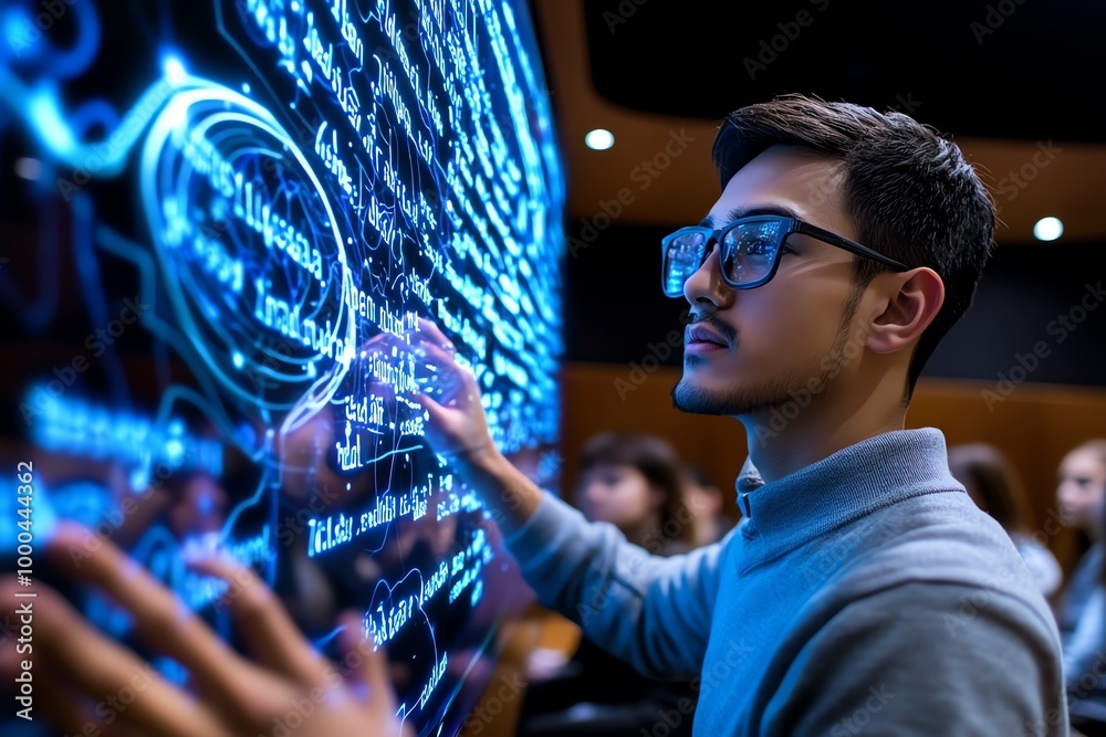 Poster futuristic holographic whiteboard in a classroom, with lessons being written in glowing, floating te