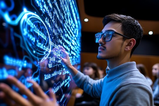 Futuristic holographic whiteboard in a classroom, with lessons being written in glowing, floating text as students interact with the material in a high-tech learning environment