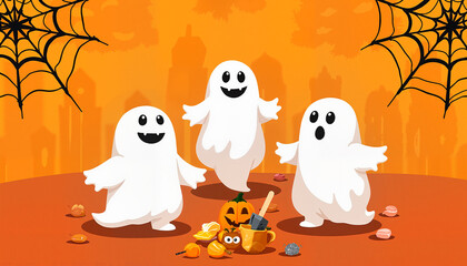 Obraz premium Halloween illustration of cheerful ghosts surrounded by candy and a carved pumpkin on an orange background
