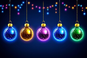Obraz premium Neon Christmas ornaments glowing in vibrant colors strung along with festive holiday lights on a dark background creating a bold and joyful celebration of the season