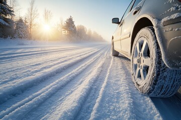Naklejka premium Cautious Driving on Snow Covered Highway