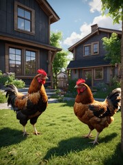 Two colorful chickens stand on green grass in a peaceful backyard setting.