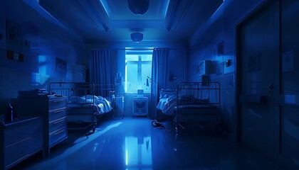 Naklejka premium Empty hospital room with two beds, bedside tables, and a window with moonlight streaming in.