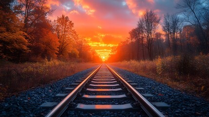 Fototapeta premium Sunset on Railroad Tracks with Autumn Trees, Landscape Photography