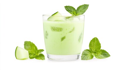 A glass of honeydew melon smoothie with honeydew chunks on solid white background, single object
