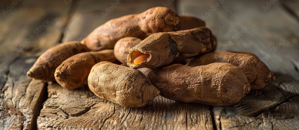 Poster Group Of Ripe Tamarind Pods On The Wood Table