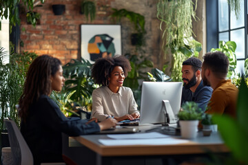 Diverse group of African Americans collaborates in a trendy Brooklyn office, fostering creativity and innovation