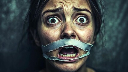 A woman's mouth is covered with tape as she stares at the camera with fear in her eyes