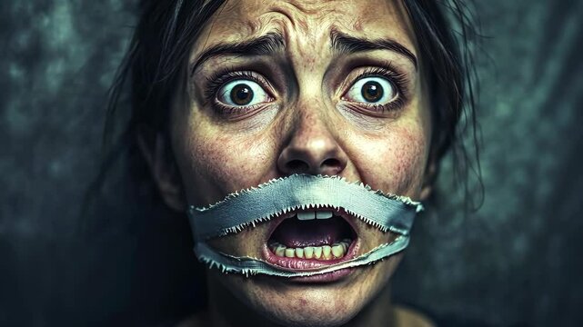 A woman's mouth is covered with tape as she stares at the camera with fear in her eyes